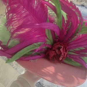 Slay The DERBY!  Pink Feathered Statement Hat with Green Accents